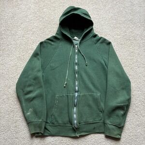 Vtg Forest Green Hoodie Mens Medium Green Zip Up Sweatshirt Raglan 60s 70s Faded